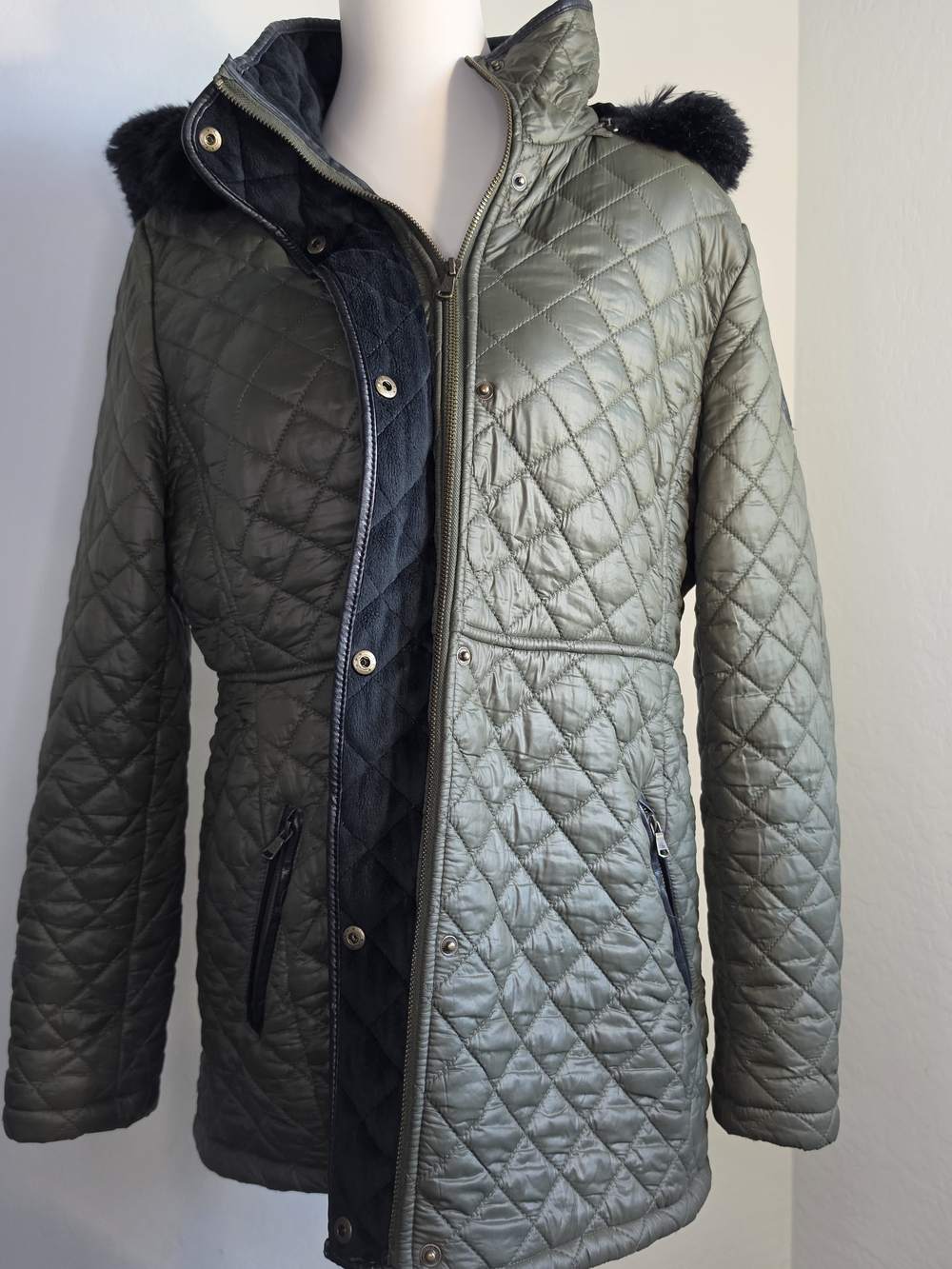 Lauren Ralph Lauren Quilted Hooded Jacket in Olive Green Removable Hood